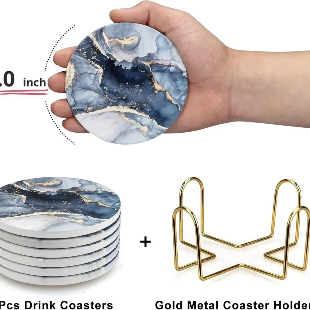 6 Pcs Navy Blue Marble Abstract Ceramic Coasters with Holder Best Absorbent Drin